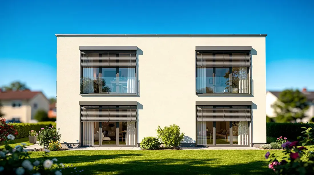 Une maison résidentielle est visible en été, baignée par un soleil intense, avec des stores extérieurs partiellement baissés sur les fenêtres, offrant une protection contre la chaleur. Cette image évoque l'importance de l'isolation thermique pour maintenir une température agréable à l'intérieur du bâtiment.
