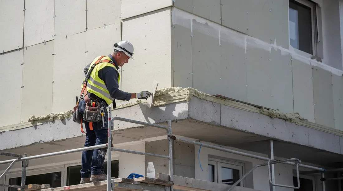 Un ouvrier applique de l'isolant, probablement de la laine de verre ou de la laine de roche, sur le nez de dalle d'un immeuble en rénovation. Des panneaux isolants sont déjà fixés sur la façade extérieure, contribuant ainsi à l'amélioration de l'isolation thermique du bâtiment.