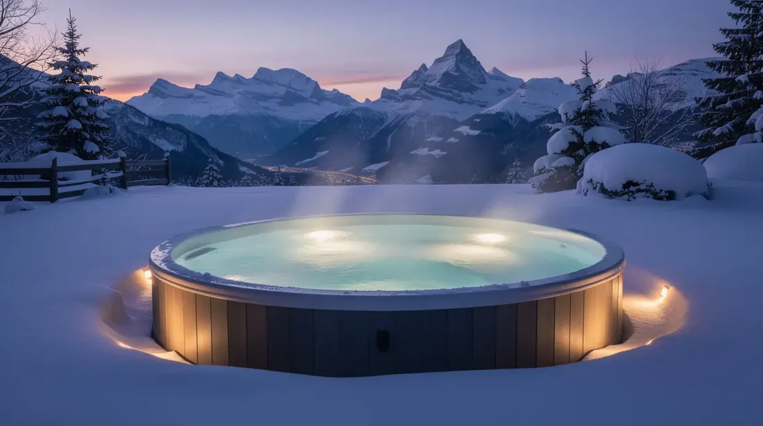 Un jacuzzi extérieur fumant est installé dans un jardin enneigé, offrant une ambiance de détente au crépuscule avec les majestueuses montagnes suisses en arrière-plan. Cet espace de bien-être invite à la relaxation et au confort, parfait pour profiter d'un moment de tranquillité entre amis ou en famille.
