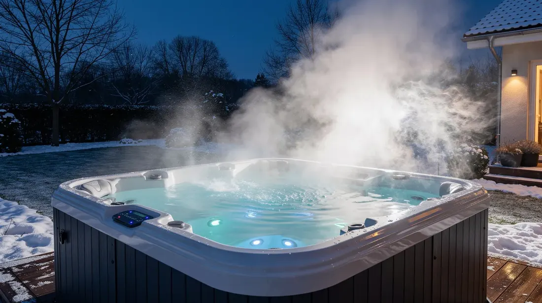 Un jacuzzi extérieur en acrylique rigide dégage de la vapeur dans l'air frais d'une soirée d'hiver, illuminé par un éclairage LED sous l'eau, offrant un espace de détente et de bien-être idéal pour des moments de relaxation en famille ou entre amis.