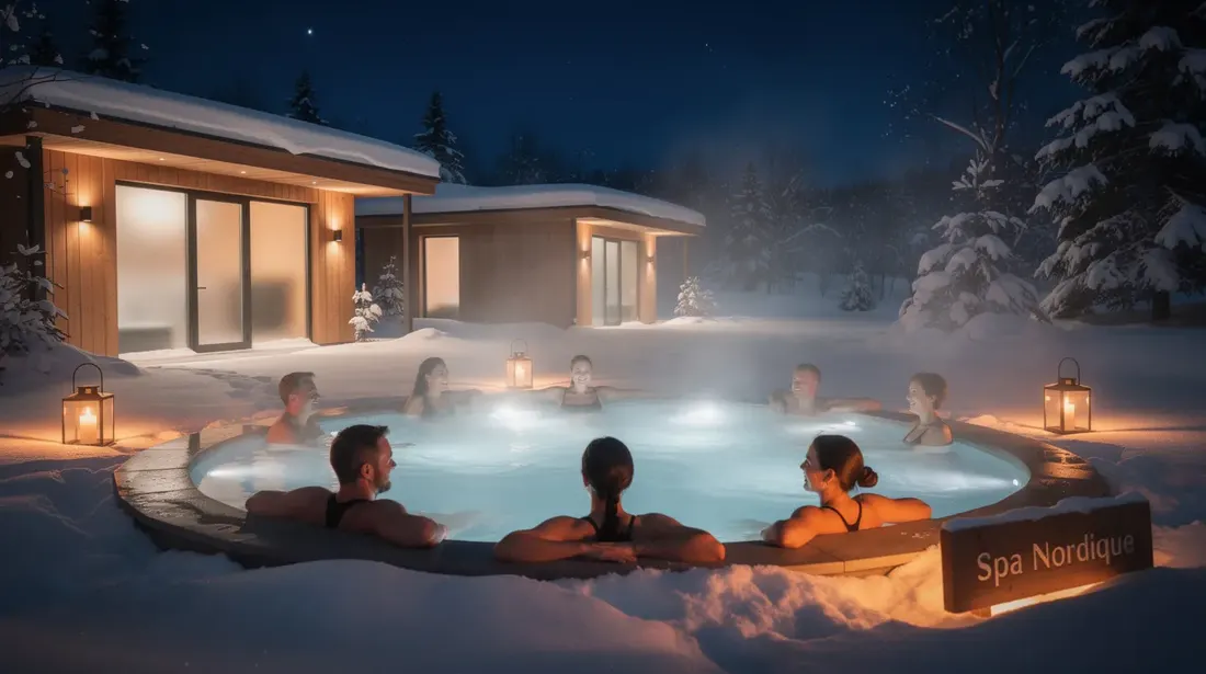 Des personnes se détendent dans un jacuzzi extérieur, profitant d'un bain chaud entouré de neige, tandis que de la vapeur s'élève dans l'air froid de la nuit. Cette scène évoque un moment de bien-être et de relaxation, parfait pour passer du temps en famille ou entre amis.