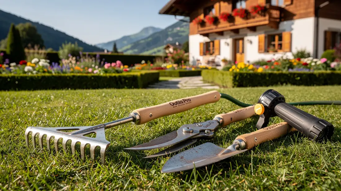 Un gros plan montre des outils de jardinage professionnels, tels que des sécateurs et des râteaux, soigneusement disposés sur une pelouse fraîchement tondue. En arrière-plan, un jardin suisse bien entretenu, rempli de fleurs et d'arbustes, illustre le savoir-faire des jardiniers dans l'aménagement des espaces verts.