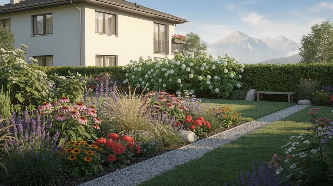 Un jardin résidentiel suisse en été, présentant des massifs de vivaces colorées et une haie mixte soigneusement entretenue. Les espaces verts sont bien aménagés, offrant un cadre agréable et esthétique pour les habitants.