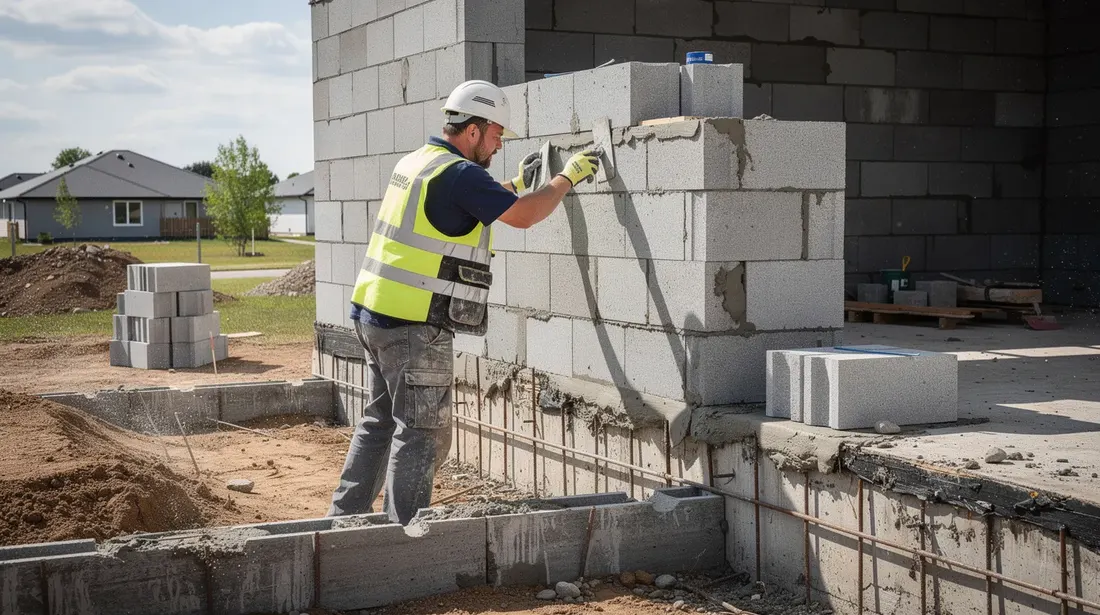 Un maçon travaille sur un chantier de construction résidentiel à Mâcon, posant des blocs de béton tout en laissant entrevoir les fondations de la maison. En arrière-plan, on peut imaginer la belle région de Saône-et-Loire, typique de la Bourgogne-Franche-Comté.