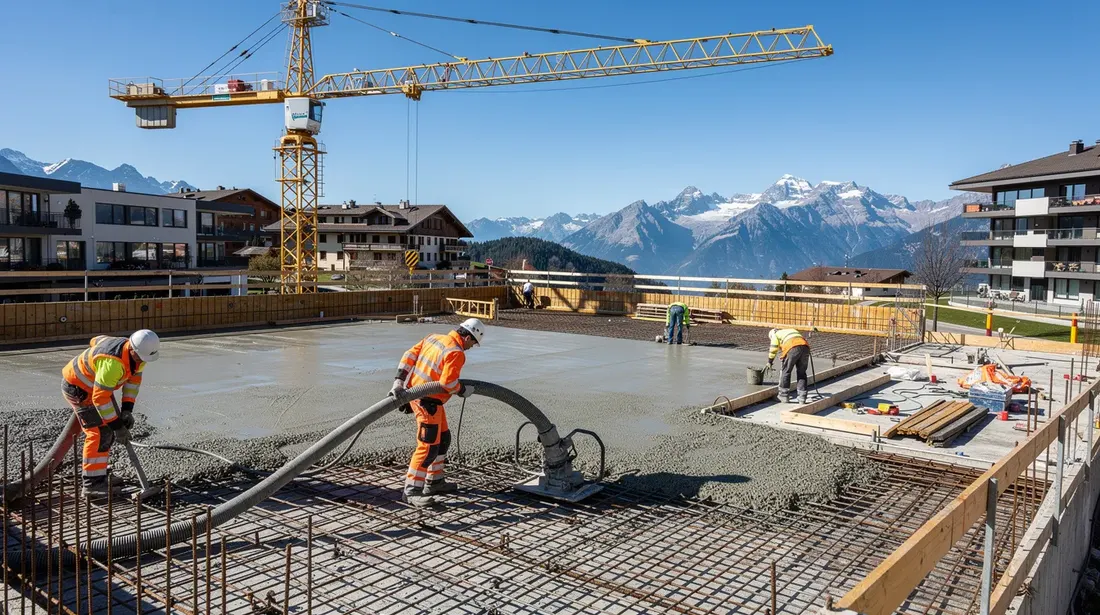 Un chantier de construction en Suisse montre des ouvriers en train de couler une dalle en béton sous une grue. L'environnement est typique de la région, avec des éléments architecturaux modernes et un paysage de campagne en arrière-plan.