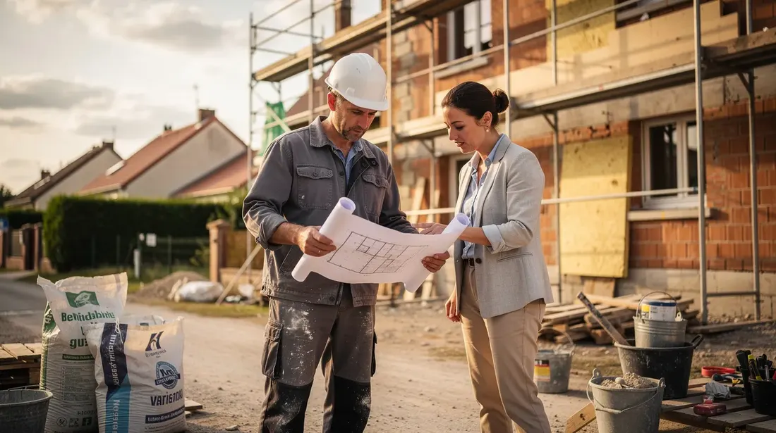 Un artisan maçon discute des plans de construction avec un client devant une maison en rénovation, située dans la région de Mâcon, en Saône-et-Loire. L'environnement est typique de la Bourgogne-Franche-Comté, avec des éléments architecturaux qui reflètent le patrimoine local.