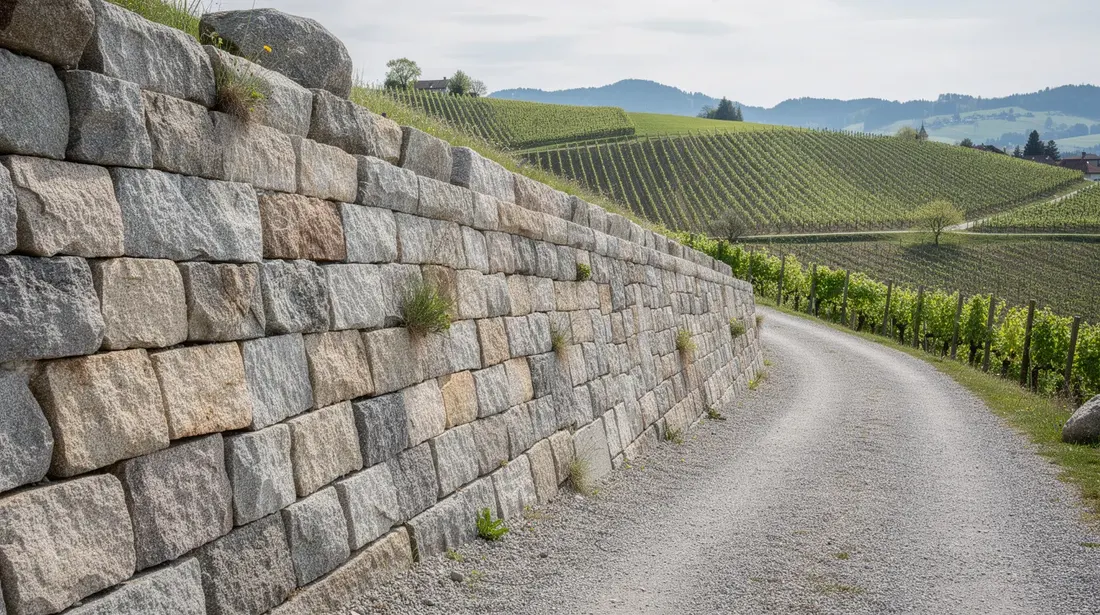 L'image montre un mur de soutènement en pierre naturelle, construit le long d'un chemin en pente, dans un paysage vallonné typiquement suisse. En arrière-plan, on peut apercevoir des vignes s'étendant sur les collines, ajoutant une touche pittoresque à cette scène.