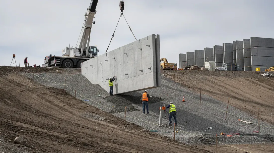 L'image montre un mur de soutènement en béton préfabriqué en forme de L, soigneusement posé par une grue sur un chantier en pente. Ce mur, essentiel pour la stabilité des structures environnantes, illustre un exemple de construction moderne et de mise en œuvre efficace.