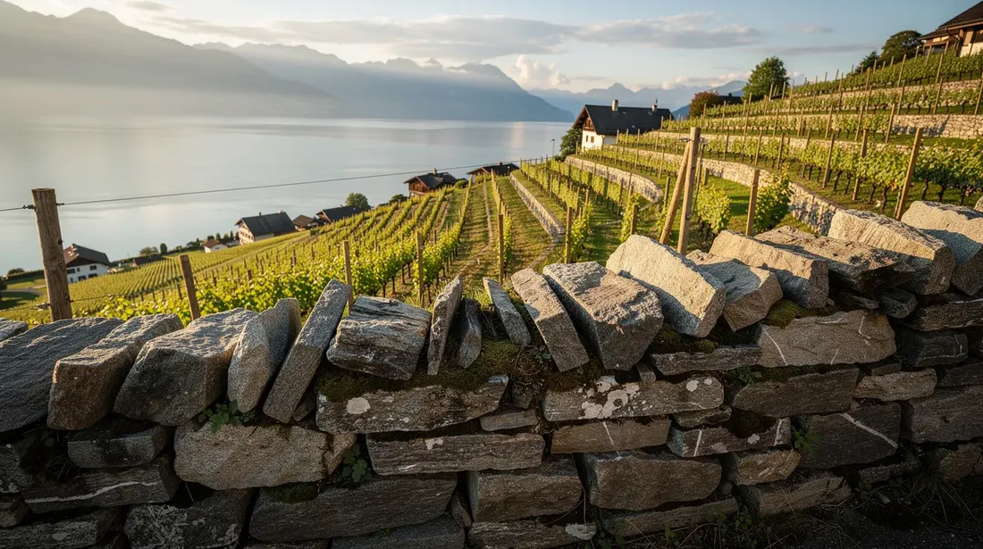 L'image montre un mur en pierre sèche traditionnel, typique des vignobles suisses en terrasses, qui soutient la pente et offre une vue panoramique sur un lac scintillant. Ce mur, construit avec des pierres bien ajustées, fait partie intégrante du paysage, créant un espace harmonieux entre la nature et l'agriculture.