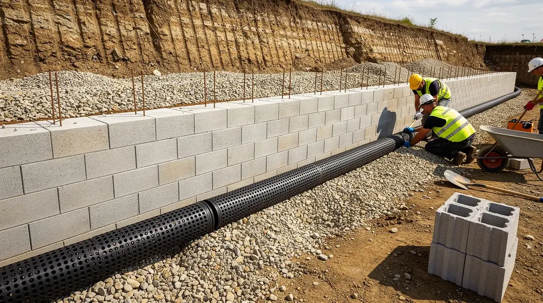 L'image montre un chantier où l'on pose un drain perforé et une couche de gravier derrière un mur de soutènement en construction. On peut voir des éléments de maçonnerie et des matériaux de construction disposés sur le site, illustrant le processus de mise en œuvre de ce projet.