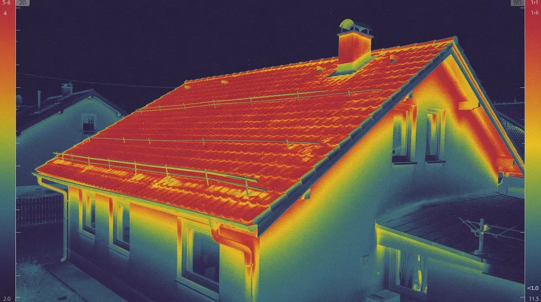 L'image montre une caméra thermique dirigée vers la toiture d'une maison individuelle, révélant des zones de chaleur rouge et jaune qui s'échappent, indiquant une mauvaise isolation et un risque de passoire thermique. Cette visualisation est essentielle pour un diagnostic de performance énergétique, permettant aux propriétaires d'identifier les travaux de rénovation nécessaires pour améliorer le confort thermique et réduire les factures d'énergie.