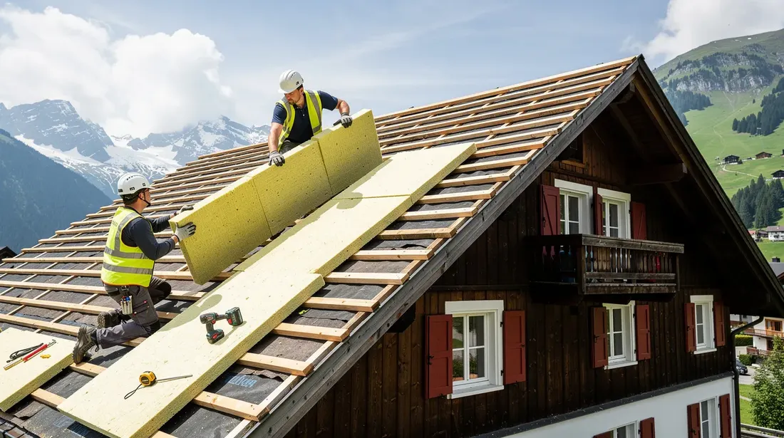 Deux ouvriers sont en train d'installer des panneaux d'isolation sur la toiture d'une maison traditionnelle suisse, dans le but d'améliorer la performance énergétique du logement et de réduire les risques liés à une passoire thermique. Cette rénovation énergétique contribue à diminuer les factures de chauffage et à rendre l'habitation plus confortable.