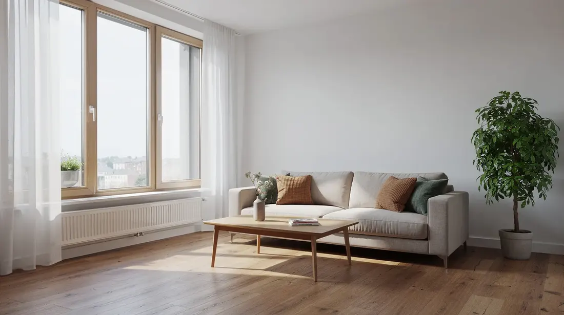 L'image montre un intérieur lumineux et accueillant d'un appartement récemment rénové, avec de grandes fenêtres à triple vitrage qui laissent entrer la lumière naturelle. Les murs blancs créent une atmosphère spacieuse et moderne, idéale pour un logement confortable et économe en énergie, évitant ainsi le risque d'être considéré comme une passoire thermique.