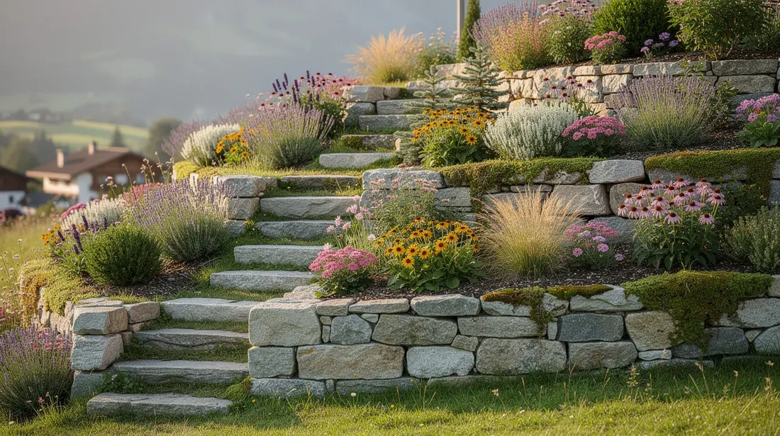 Un jardin suisse en pente est aménagé avec des murets en pierre, des escaliers naturels et des plantations de vivaces colorées, créant un paysage harmonieux et accueillant. Les espaces verts sont soigneusement entretenus, mettant en valeur le savoir-faire des paysagistes de la région.