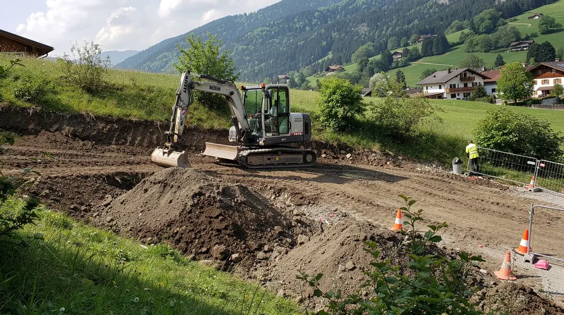 Un chantier de terrassement est en cours sur un terrain en pente, avec une mini-pelle entourée de verdure luxuriante typique de la suisse romande. Ce projet d'aménagement met en avant l'expertise et le savoir-faire d'une équipe de professionnels, contribuant à la création d'espaces extérieurs harmonieux.