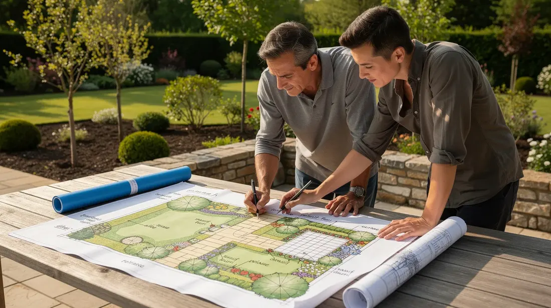 Un paysagiste et un client échangent des idées devant des plans de jardin, étalés sur une table en plein air, illustrant leur collaboration pour la création d'espaces verts dans le canton de Vaud. L'atmosphère est conviviale, reflétant l'expertise et le savoir-faire de l'entreprise en matière d'aménagement paysager.