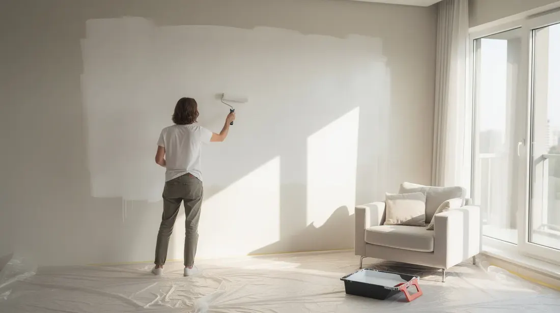 Une personne est en train de peindre un mur blanc avec un rouleau dans un salon lumineux, créant une atmosphère accueillante. Les murs sont en cours de transformation, apportant une touche de fraîcheur à la pièce.