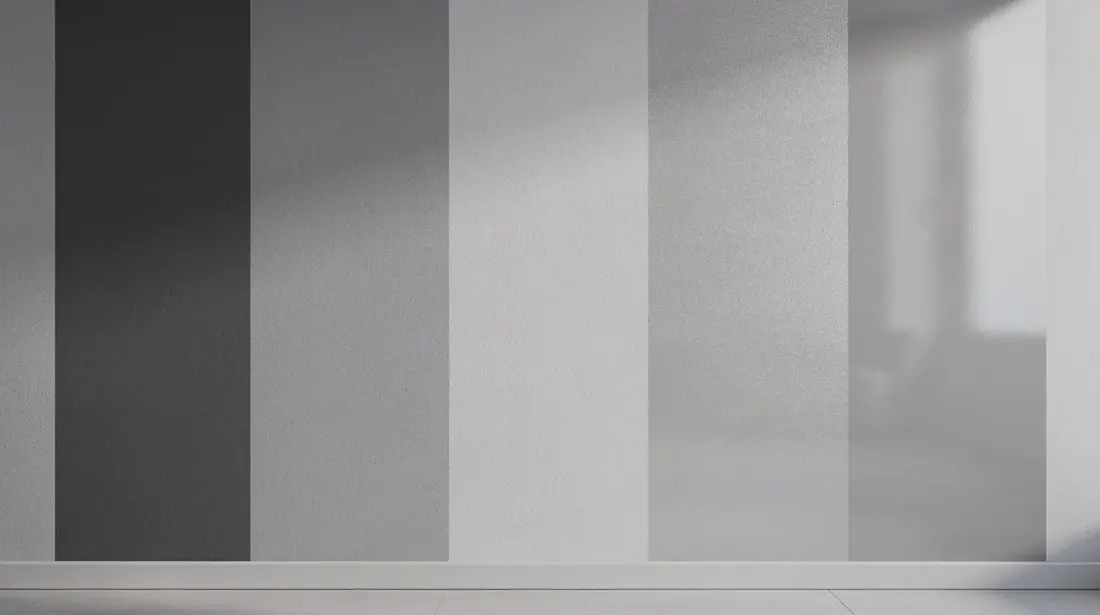 L'image présente des échantillons de peinture murale appliqués sur un mur, illustrant différentes finitions allant du mat au brillant. Chaque échantillon révèle une teinte unique, offrant des idées pour la décoration des murs et plafonds d'une pièce, comme une chambre à coucher ou un salon.