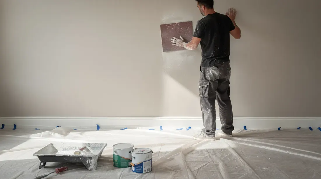 Une personne est en train de poncer un mur avec du papier abrasif, préparant ainsi la surface pour une future peinture. Une bâche de protection est étalée au sol pour éviter les éclaboussures de poussière et de peinture dans la pièce.