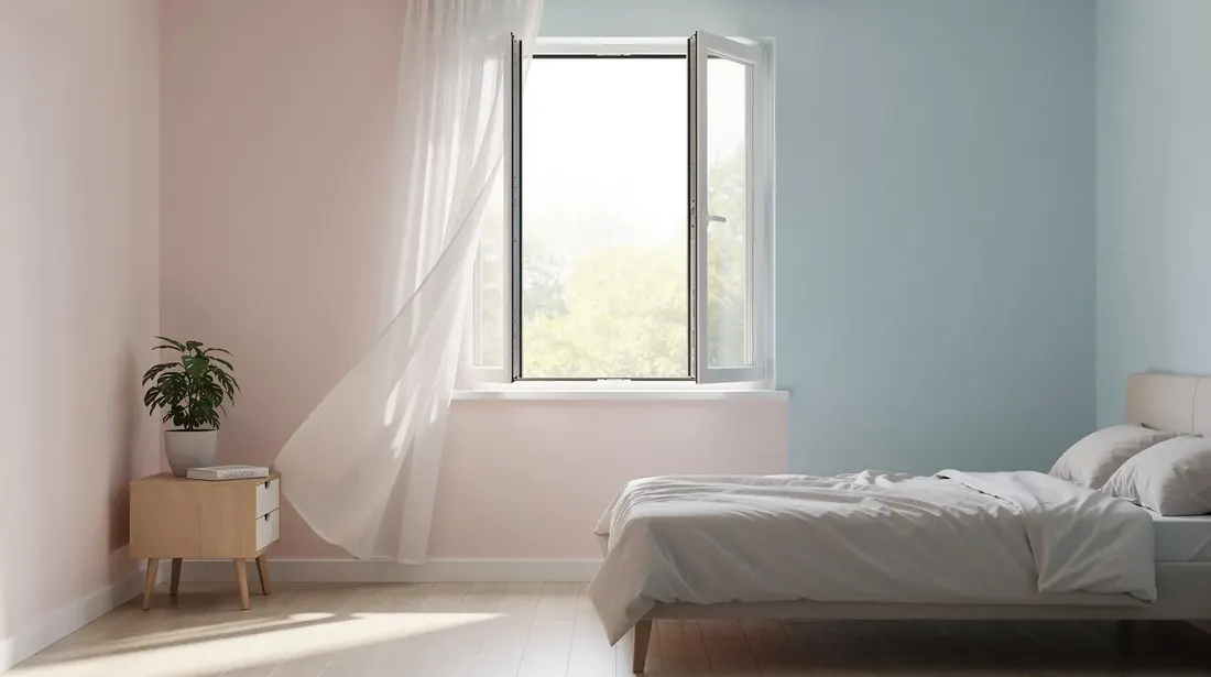 Une grande fenêtre ouverte laisse entrer la lumière naturelle dans une chambre à coucher fraîchement peinte dans une couleur douce, créant une atmosphère de confort et de bien-être. Les murs, aux teintes apaisantes, ajoutent une touche de fraîcheur à l'intérieur.