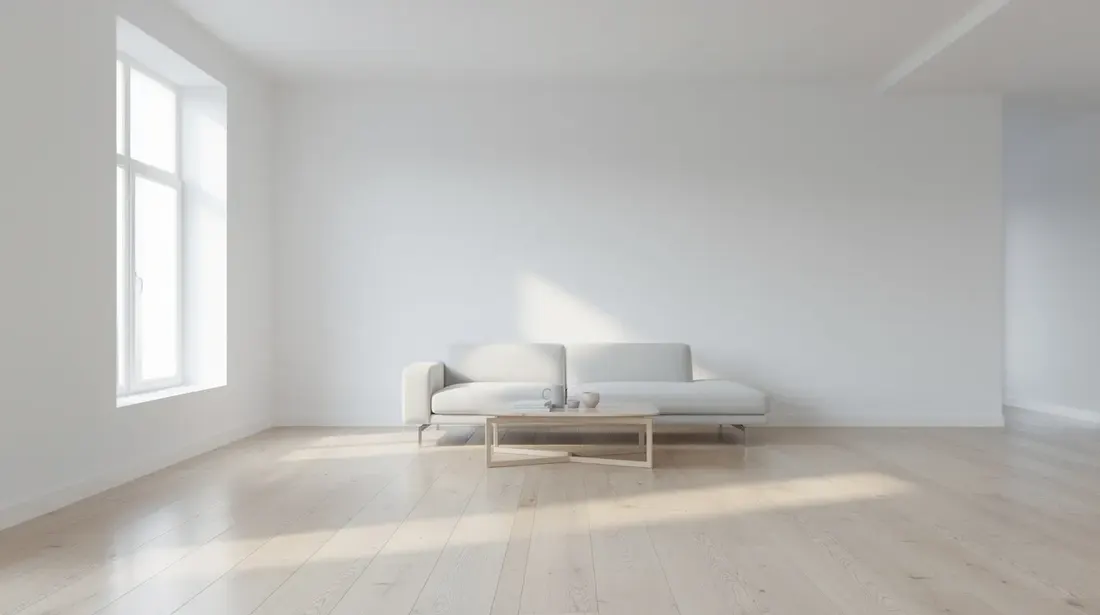 Un salon lumineux, fraîchement peint en blanc, présente un mobilier simple et épuré, baigné de lumière naturelle. Les murs et plafonds, en peinture de haute qualité, créent une atmosphère accueillante et confortable, idéale pour la décoration intérieure.