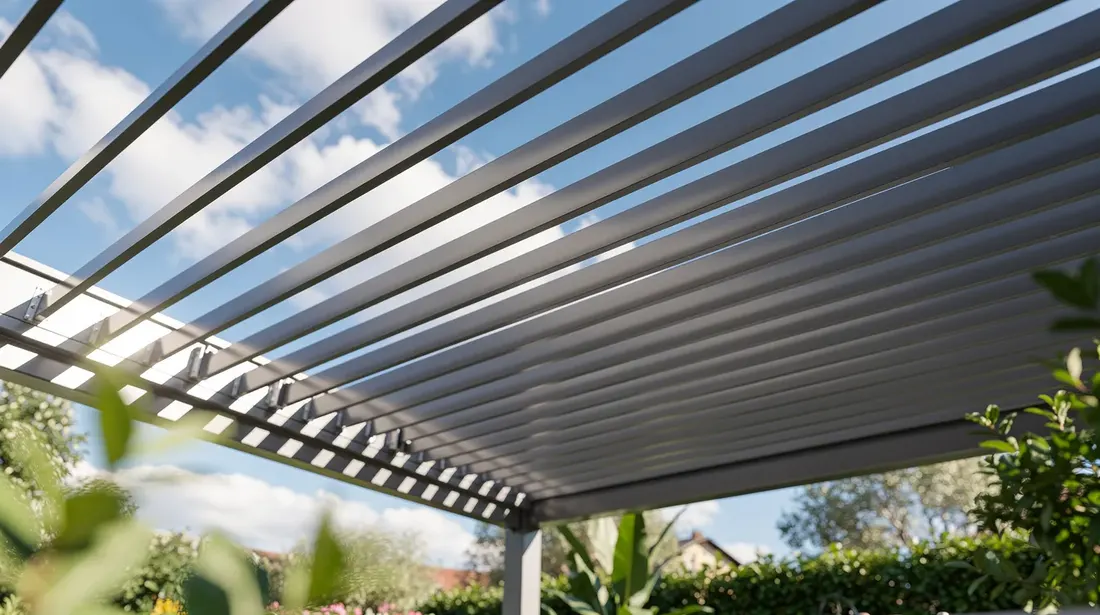 Une pergola bioclimatique en aluminium est installée dans un jardin ensoleillé, avec ses lames partiellement ouvertes permettant de voir le ciel. Cette structure moderne offre une protection contre le soleil tout en ajoutant une touche de confort et de style à l'extérieur.