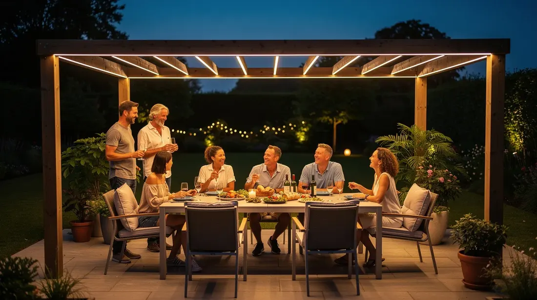Une soirée conviviale se déroule sous une pergola bioclimatique en aluminium, illuminée par des LED chauds, où des personnes profitent d'un dîner autour d'un mobilier de jardin élégant. La structure offre confort et protection contre le vent et la pluie, créant un espace agréable pour se rassembler dans le jardin.