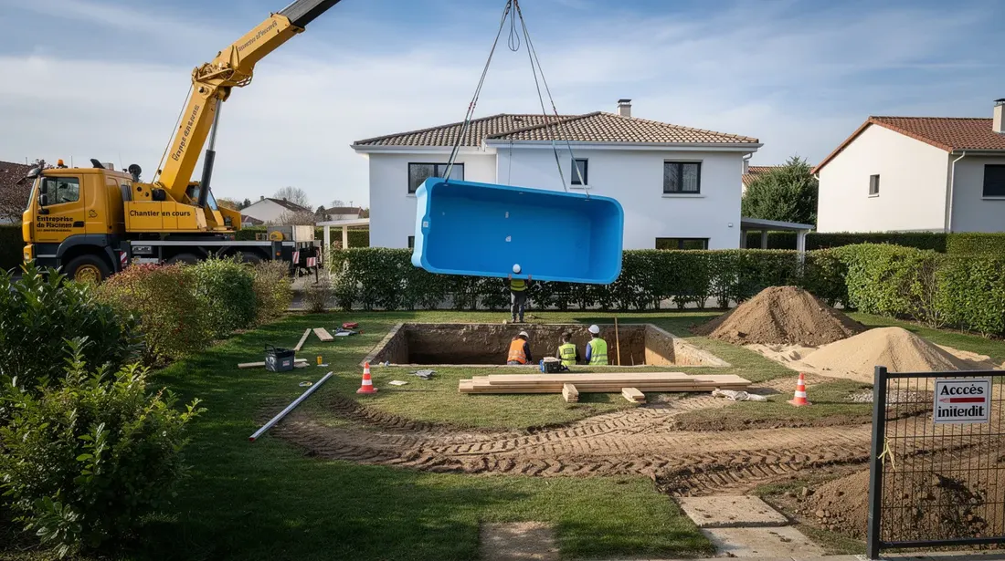 Une grue soulève une coque de piscine bleue en béton armé sur un chantier, tandis que des ouvriers s'affairent dans un jardin résidentiel. Ce projet de mise en œuvre d'une piscine souligne l'importance de la qualité et de la solidité de la structure pour un espace de vie agréable.