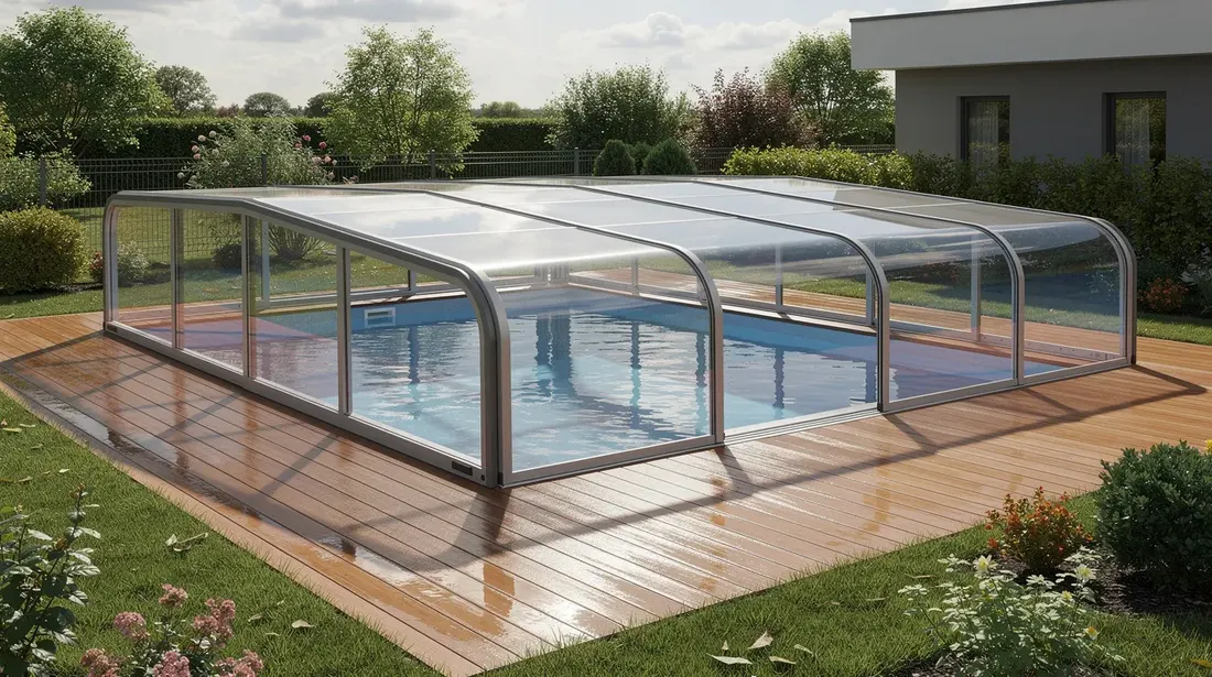 Une piscine couverte par un abri bas transparent est installée dans un jardin, entourée d'une terrasse en bois. Cet espace de vie extérieur offre un design élégant et fonctionnel, idéal pour profiter de la baignade tout en étant protégé des intempéries.
