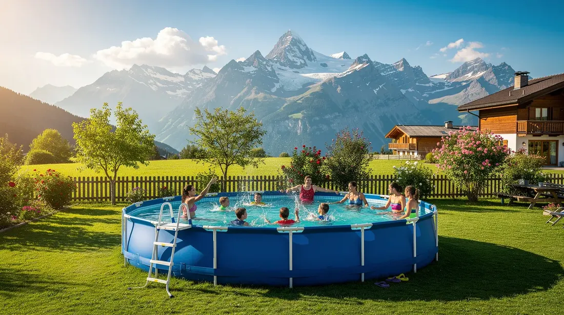 Une famille se réjouit dans une piscine hors sol située dans un jardin verdoyant suisse, avec des montagnes majestueuses en arrière-plan, sous un ciel ensoleillé. L'atmosphère est conviviale et détendue, idéale pour profiter d'une journée d'été en famille.