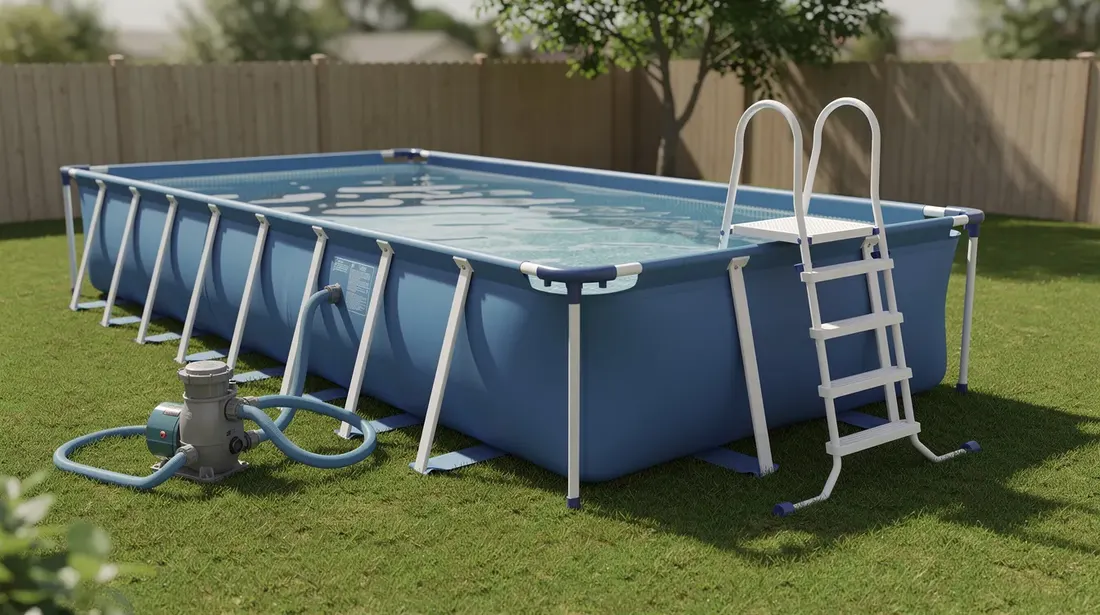 Une piscine hors sol rectangulaire est installée sur un terrain plat, avec une échelle de piscine et une pompe de filtration visibles à côté. L'ensemble crée un espace agréable pour la baignade dans le jardin, offrant ainsi une option de détente haut de gamme pour les propriétaires.
