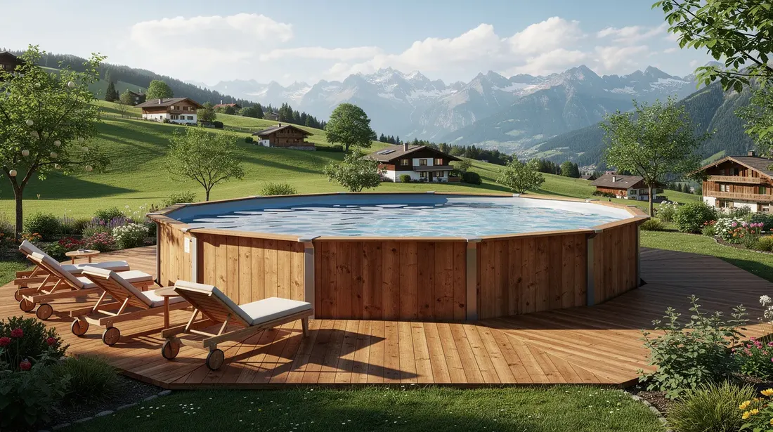 Une piscine hors sol octogonale en bois est entourée d'une terrasse en bois, avec des chaises longues, dans un jardin de campagne suisse. L'espace est idéal pour la baignade et la détente, offrant une vue agréable sur la nature environnante.