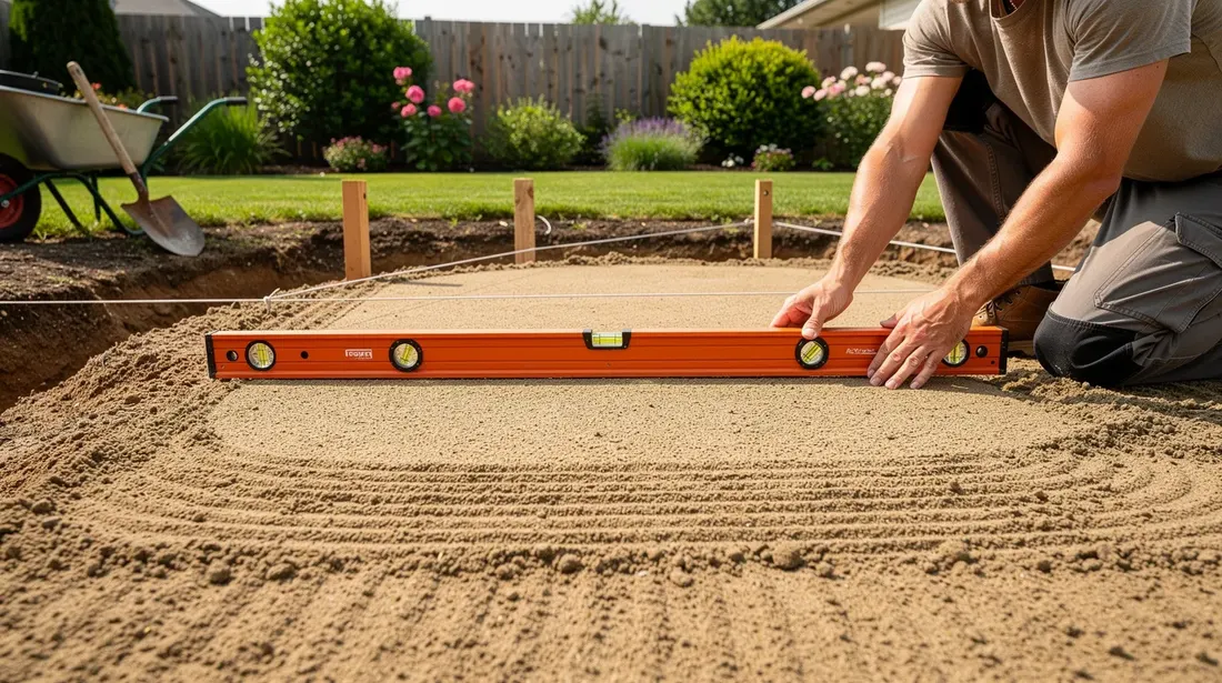 Une personne utilise un niveau à bulle pour vérifier la planéité d'une surface en sable préparée pour l'installation d'une piscine hors sol dans un jardin. Ce travail de terrassement est essentiel pour garantir la sécurité et la qualité de l'implantation du bassin.