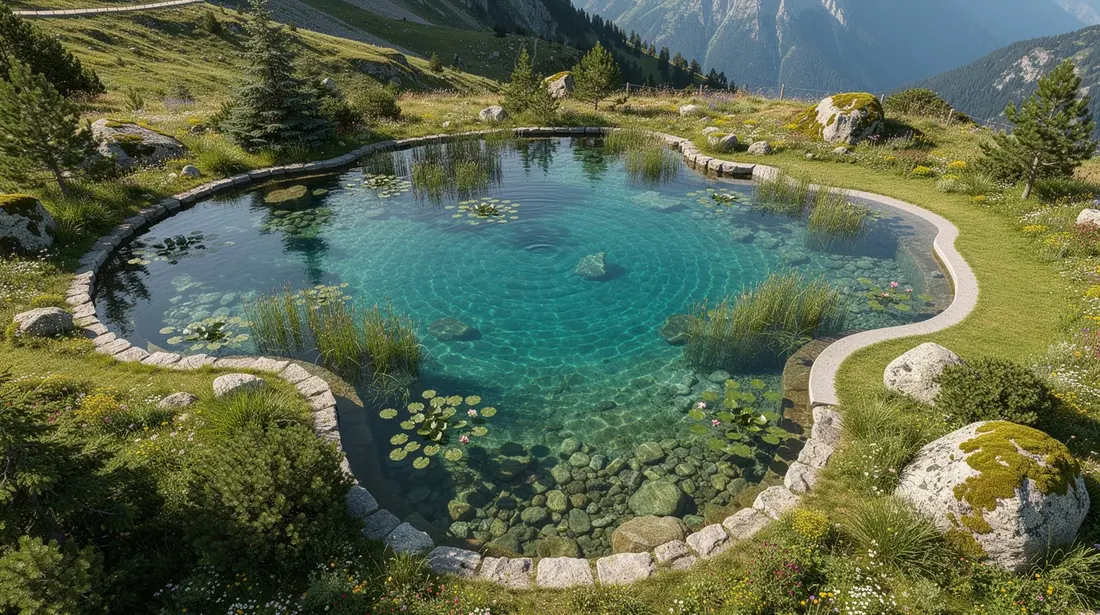 Vue aérienne d'une piscine naturelle située dans un jardin alpin verdoyant, mettant en avant une zone de baignade entourée de plantes aquatiques. Ce bassin écologique offre une alternative sans produits chimiques pour le bien-être et la baignade biologique, tout en s'intégrant harmonieusement dans le paysage.