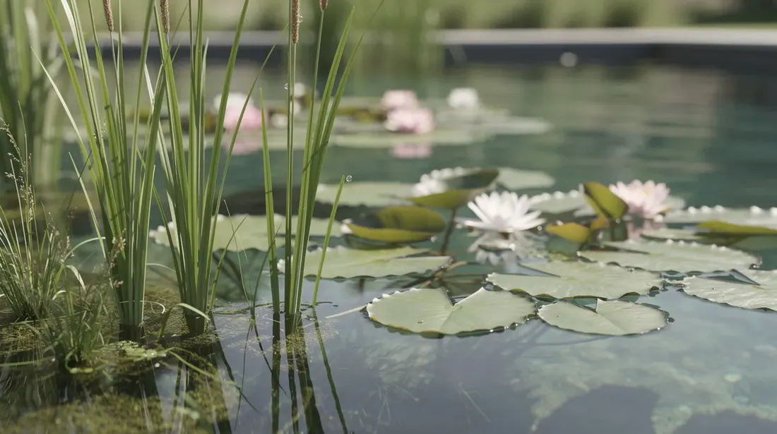 Gros plan sur des plantes aquatiques et des nénuphars flottant à la surface d'une zone de régénération d'une piscine naturelle, illustrant l'harmonie entre la nature et l'espace de baignade écologique. Ce paysage aquatique témoigne de l'importance des micro-organismes dans l'épuration de l'eau sans produits chimiques.