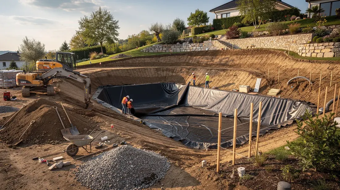 L'image montre un chantier de construction d'une piscine naturelle en pente, avec des travaux de terrassement et l'installation d'une membrane. On peut apercevoir des éléments de régénération, tels que des zones de baignade et des plantes aquatiques, qui contribueront à l'équilibre écologique de cet espace de bien-être.