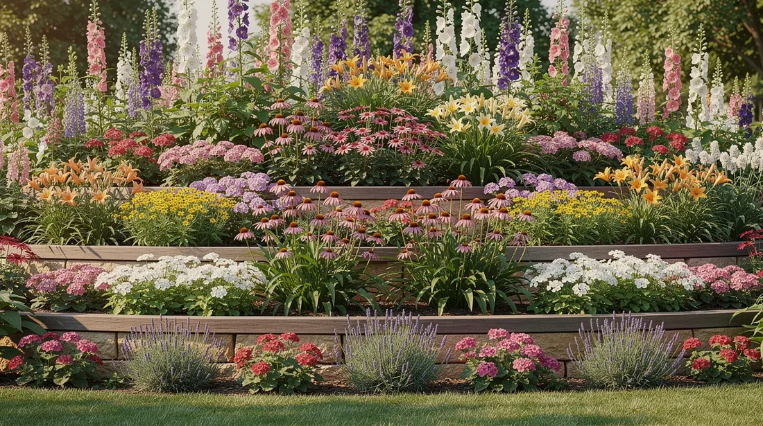 L'image montre un massif de jardin en étages, riche en plantes vivaces de différentes hauteurs, toutes en pleine floraison estivale. On y distingue des fleurs colorées, des arbustes et des feuilles luxuriantes, créant un tableau vivant et accueillant pour les pollinisateurs comme les abeilles et les papillons.