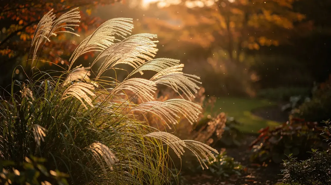 L'image montre des graminées ornementales ondulant doucement dans la lumière dorée de l'automne, créant un effet apaisant dans un jardin. Ces plantes herbacées ajoutent une touche de beauté et de texture, entourées de feuillage coloré et de quelques arbustes.