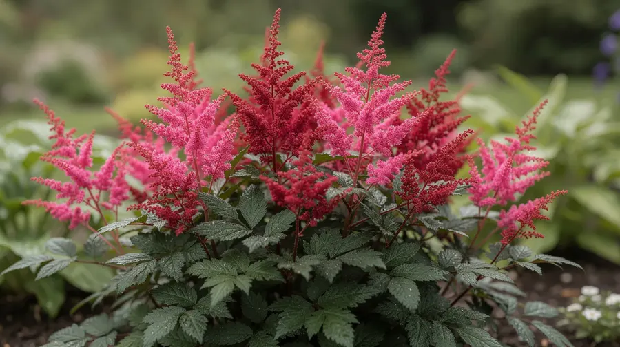 Astilbes aux panicules plumeuses roses et rouges en situation mi-ombragée
