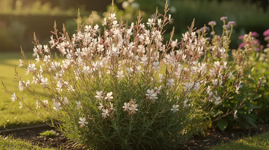 Gaura aux fleurs blanches et roses aériennes portées par de fines tiges