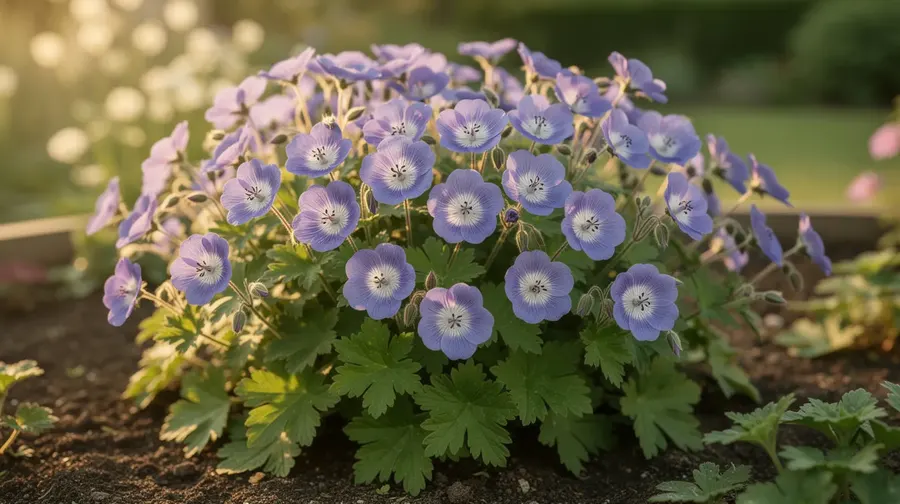 Géranium vivace Rozanne couvert de fleurs bleu-violet à cœur blanc