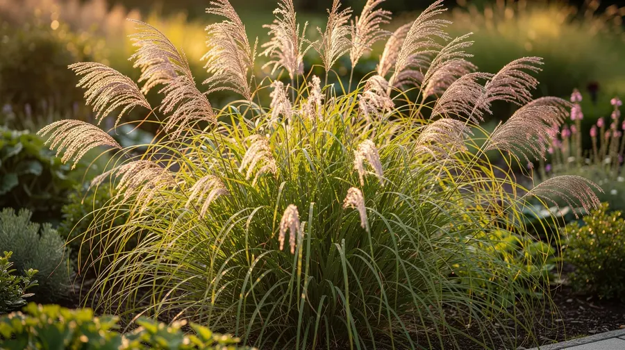 Graminées ornementales miscanthus et pennisetum aux plumeaux argentés à contre-jour