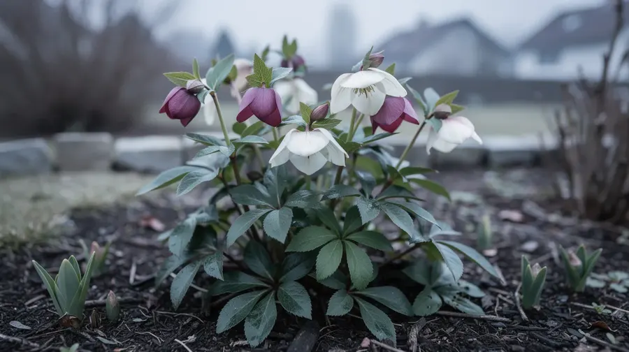 Hellébores (roses de Noël) aux fleurs penchées blanches et pourpres en fin d'hiver