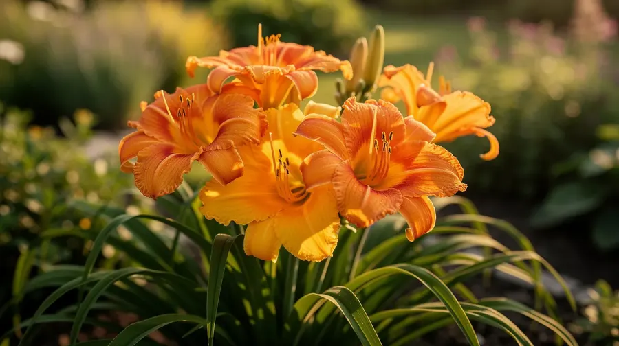 Hémérocalles aux grandes fleurs en trompette orange et jaune doré