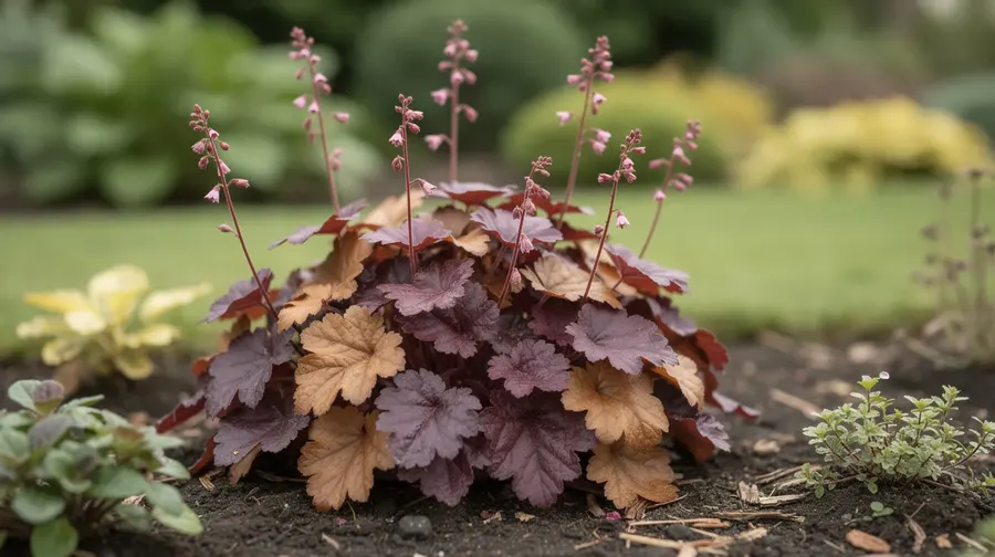 Heuchères aux feuillages pourpres et caramel avec fines hampes florales