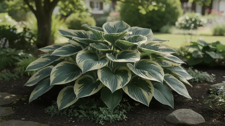 Touffe de hostas au feuillage nervuré bleu-vert panaché de crème, à l'ombre