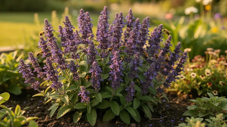 Sauge némorosa aux épis bleu-violet dressés dans un massif ensoleillé
