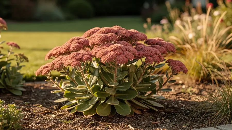 Sedum spectabile aux ombelles roses sur feuillage succulent, ambiance de début d'automne