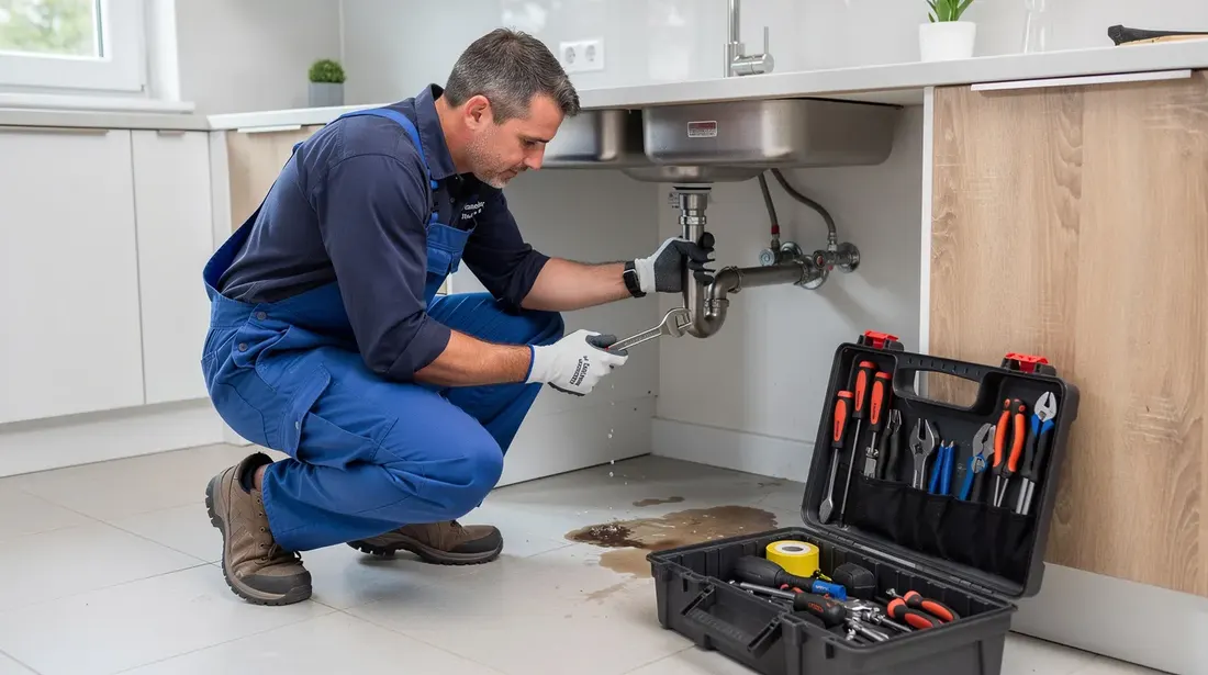 Un plombier professionnel est en train de réparer une fuite sous un évier dans une cuisine moderne, entouré de ses outils et portant des gants de sécurité. Cette intervention de plomberie met en avant son expertise dans le dépannage et l'entretien des installations sanitaires.