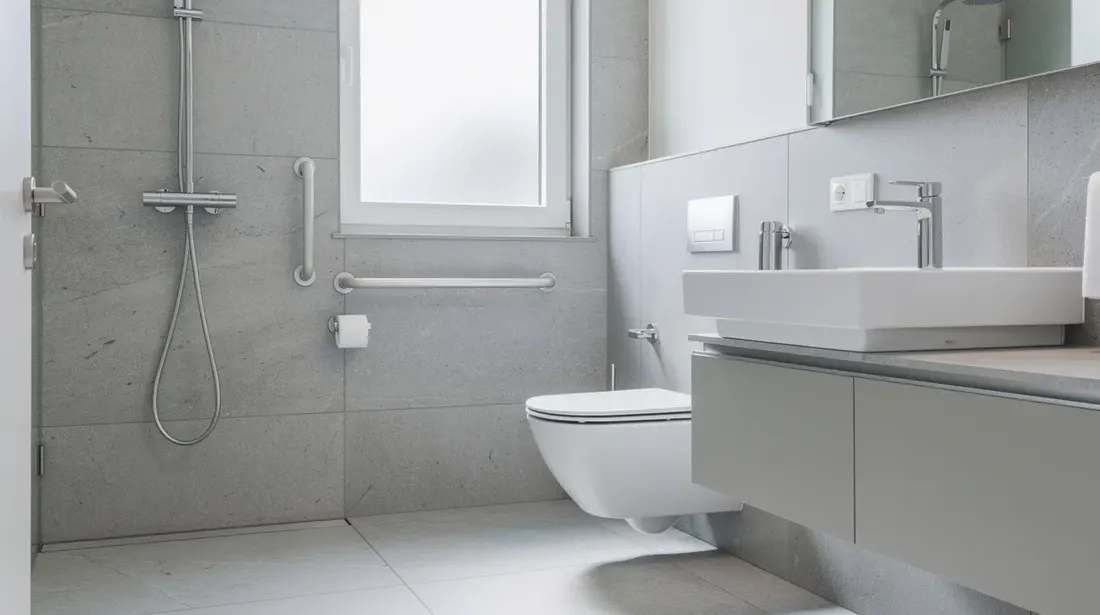 Une salle de bains contemporaine suisse est présentée avec des installations sanitaires neuves, comprenant un lavabo moderne, un WC et une robinetterie de haute qualité. Cette image met en avant l'esthétique et la conformité des équipements, caractéristiques essentielles pour une plomberie efficace et fiable dans la région.